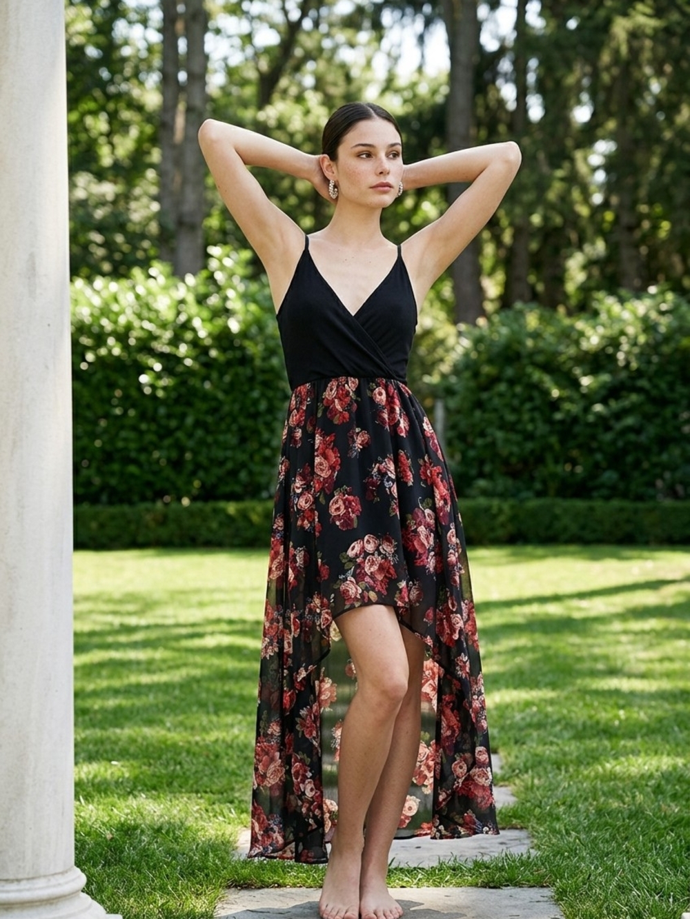 Rehab Black & Red Floral High-Low Dress